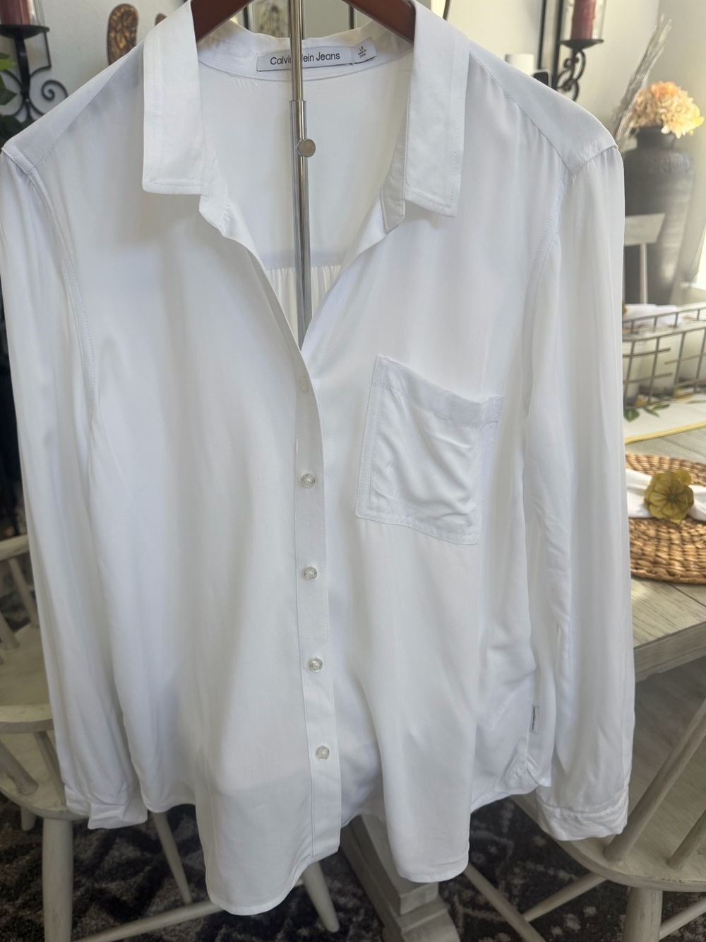 Calvin Klein Jeans 100% Rayon White Long Button Down Shirt, Large